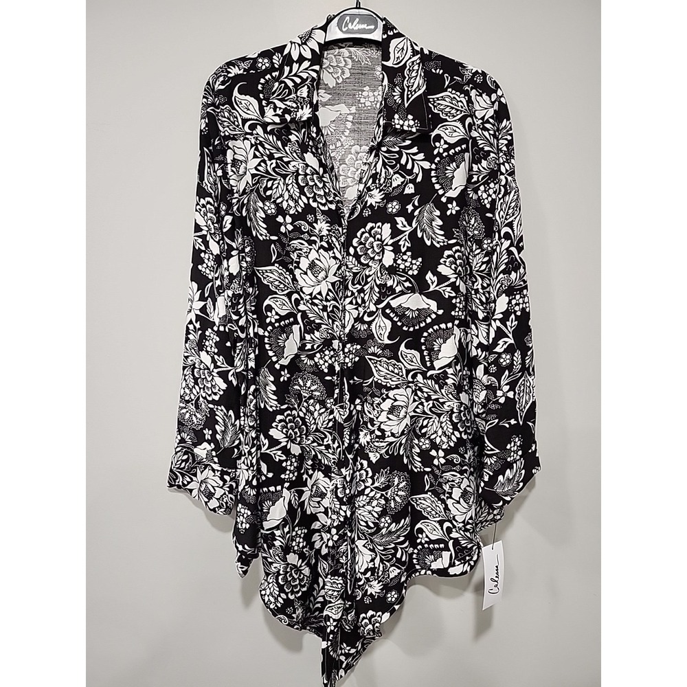 Calessa NWT Tunic Blouse Womens‎ XL Black/White Floral Button-up Collared